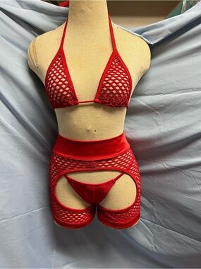 Red Fishnet Triangle Bralette, Thong & Garter/Shorts Set